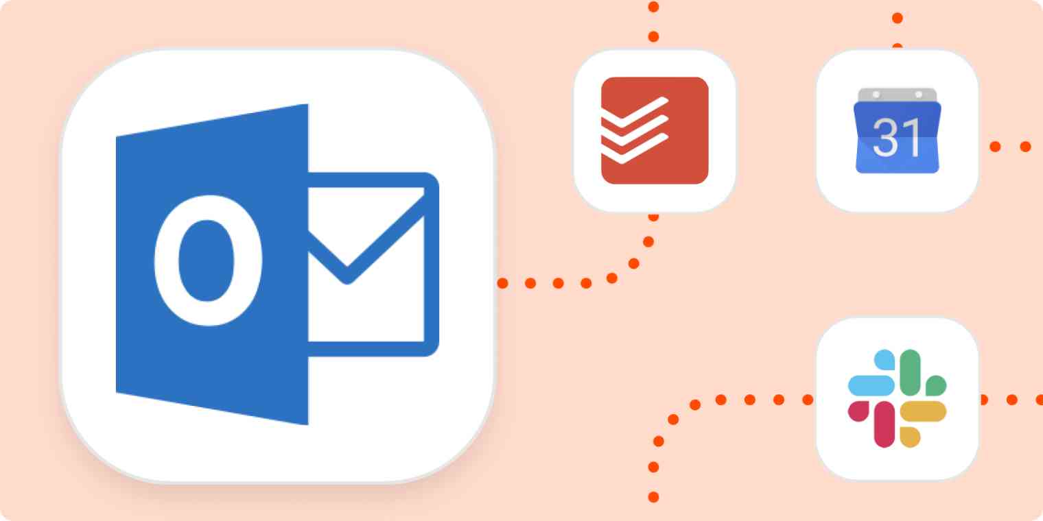 Hero image with the Microsoft Outlook logo connected by dots to the Todoist, Google Calendar, and Slack logos