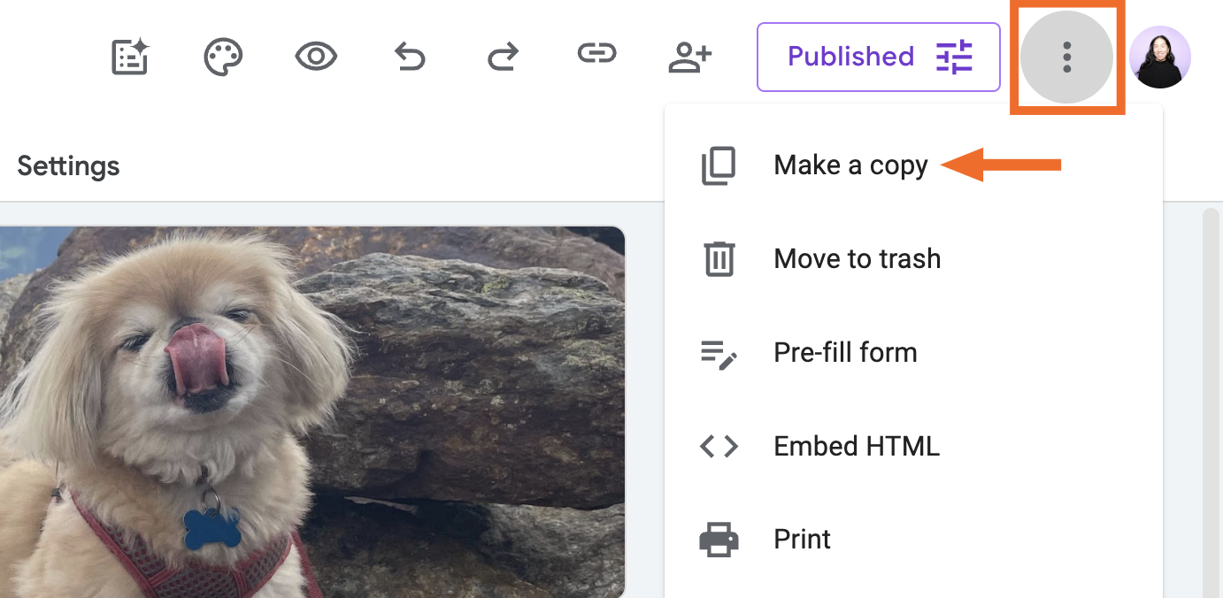 Expanded view of the more menu in Google Forms with the option to make a copy highlighted.
