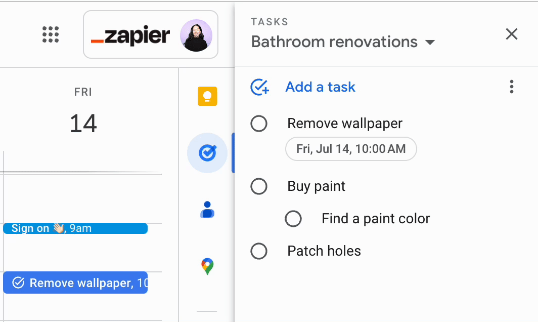 A list of three tasks in Google Tasks. The middle task is selected, and then dragged and dropped to the top of the list.