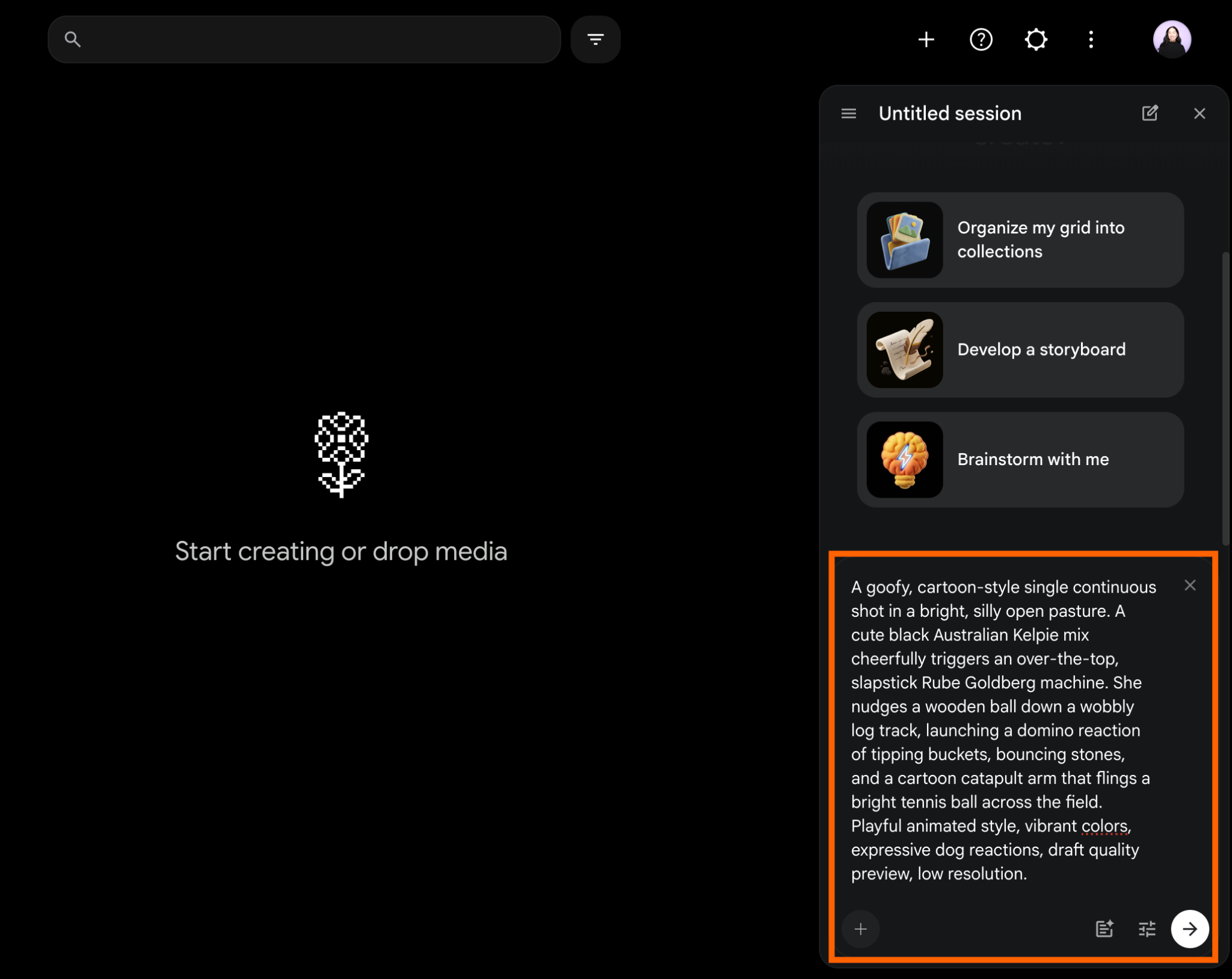 Google Flow prompt box with cartoon dog prompt