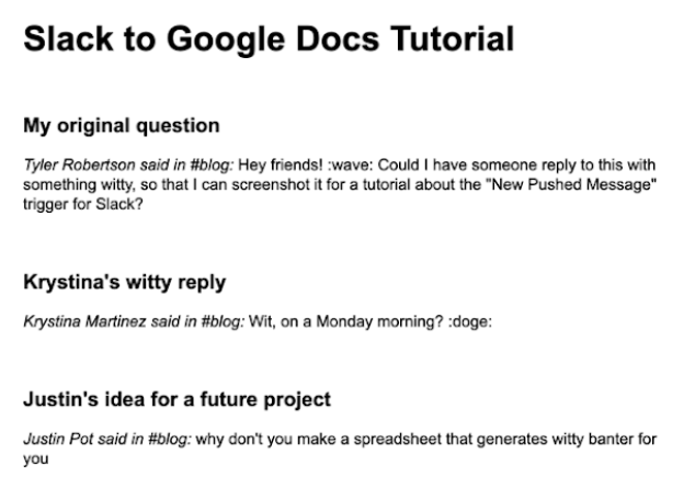 A screenshot of a document, reading "Slack to Google Docs Tutorial" followed by text pushed from Slack, including an original question and a series of replies.