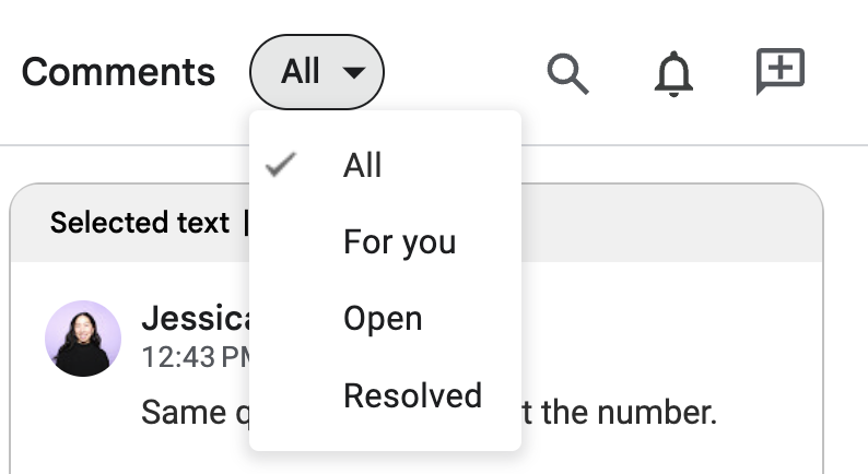 Comment history panel in Google Docs with a dropdown of preset filter options: All, For you, Open, and Resolved.