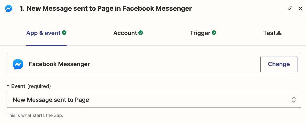 A trigger step in the Zap editor with Facebook Messenger selected for the trigger app and New Message sent to Page selected for the trigger event.