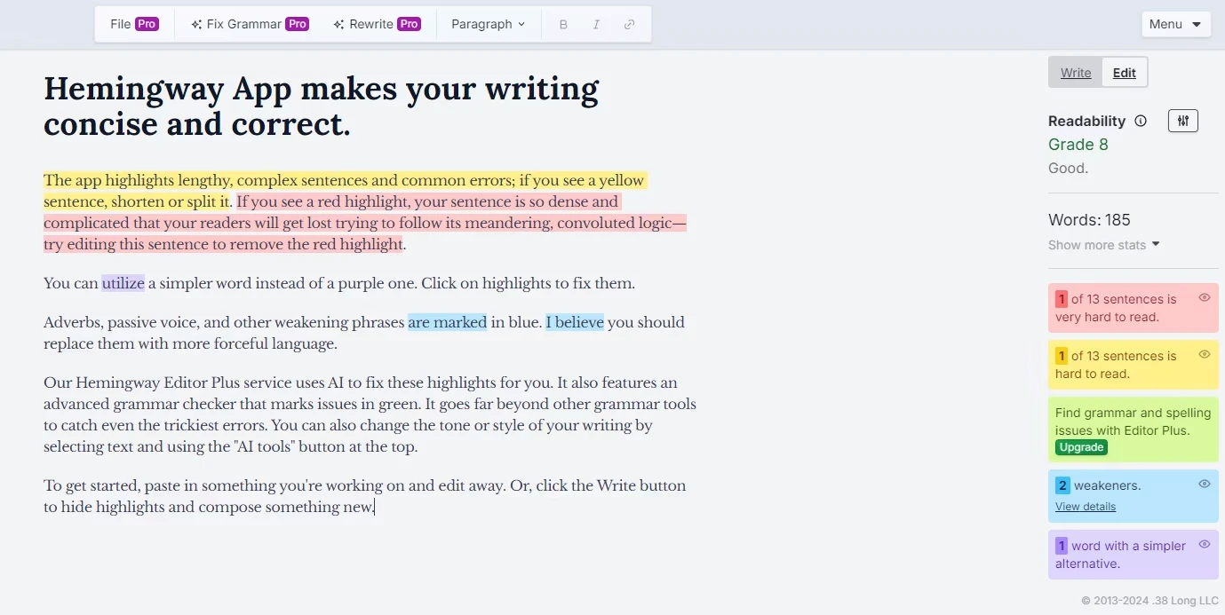 Hemingway Editor, our pick for the best content marketing tool for AI writing assistance.