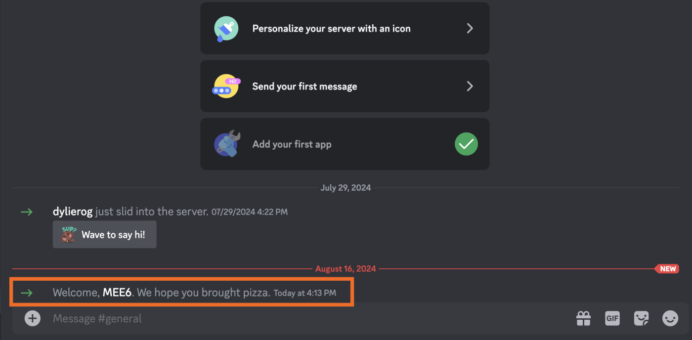 Screenshot showing a bot welcome message in a Discord server