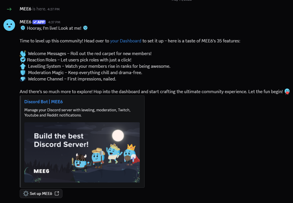 Screenshot showing a bot welcome message in a Discord server