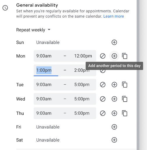 A screenshot of appointment slots with available times listed from Sunday to Saturday. The "Add another period to this day" button is highlighted.