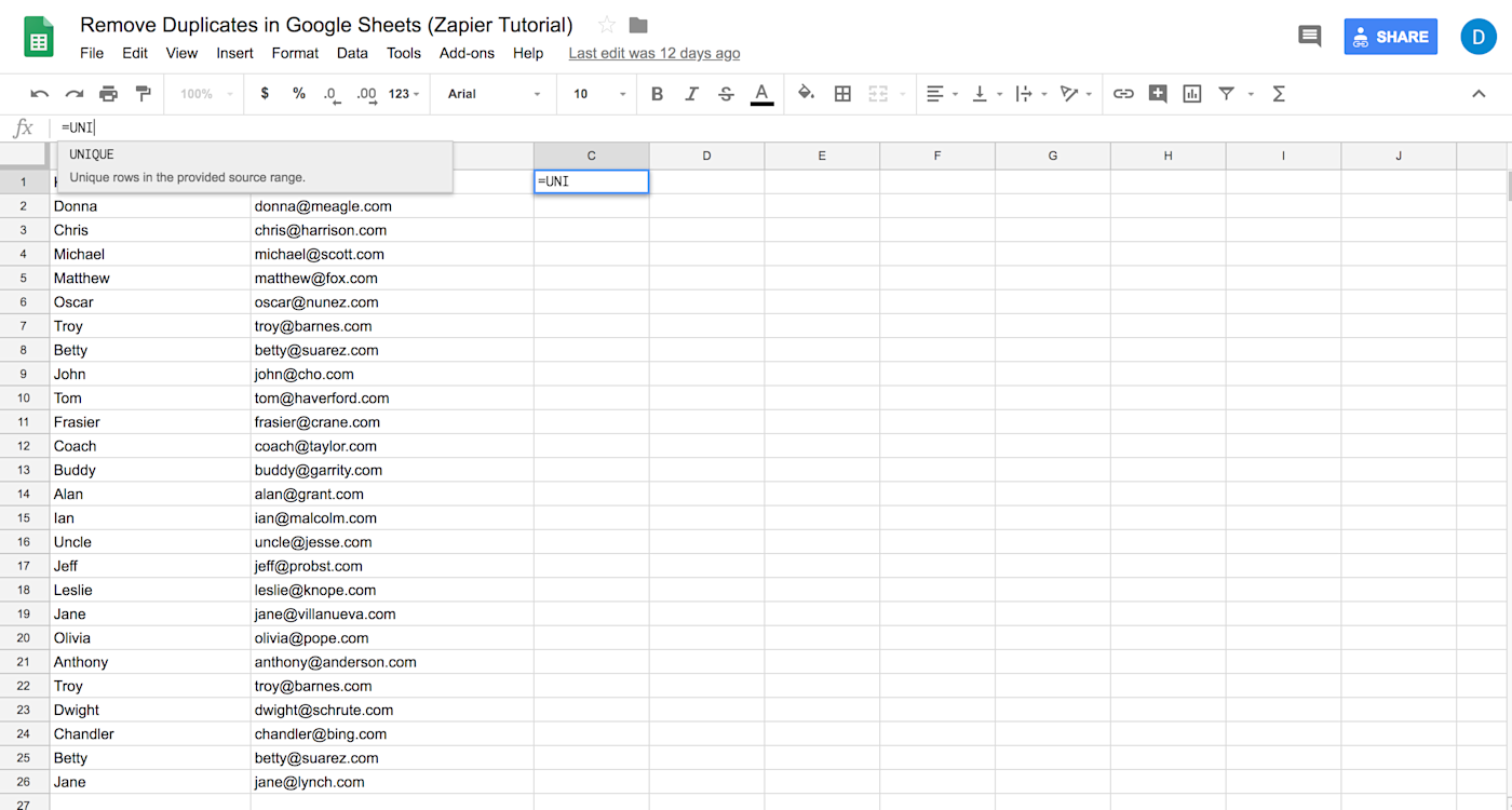 Typing =UNIQUE into a cell on a blank worksheet
