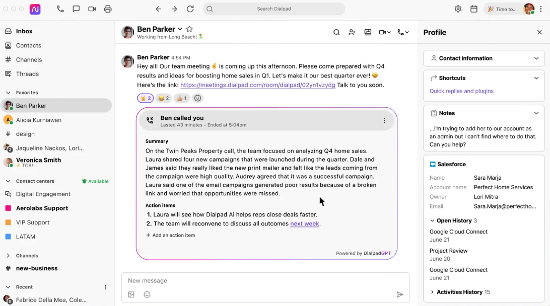 Screenshot of Dialpad, our pick for the best VoIP for AI-powered communication.