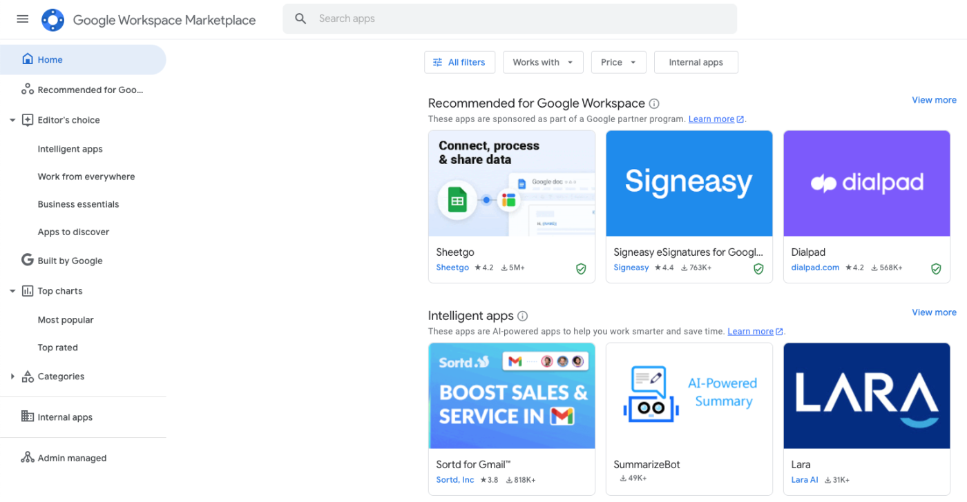 Screenshot of the Google Worksplace marketplace dashboard