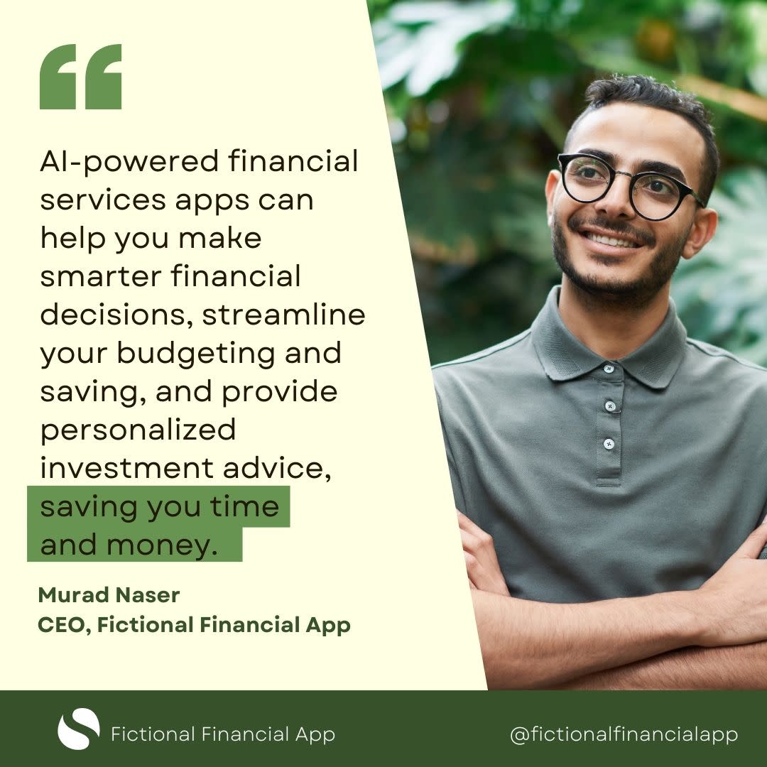 An AI-generated Instagram graphic for a fictional financial services app created using Canva's Magic Write. The graphic shows the text of testimonial from a fictional client along with their photo. 