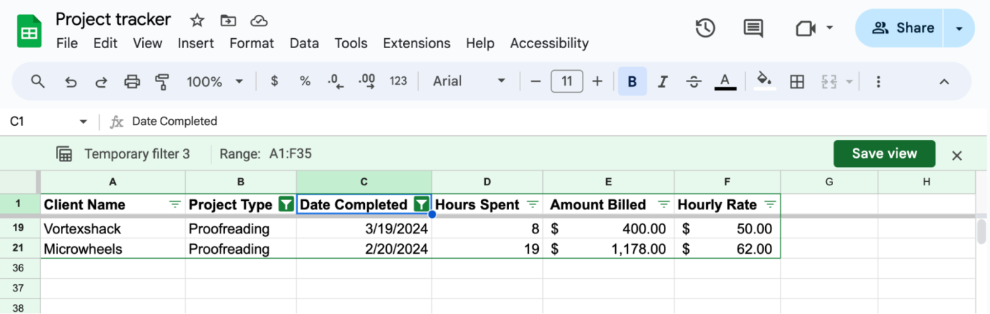 Filter view in Google Sheets with an option to save view visible above the spreadsheet.