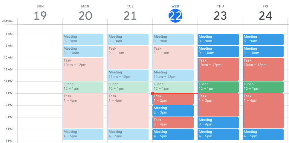 Example of a time blocked calendar, where both meetings and tasks are scheduled