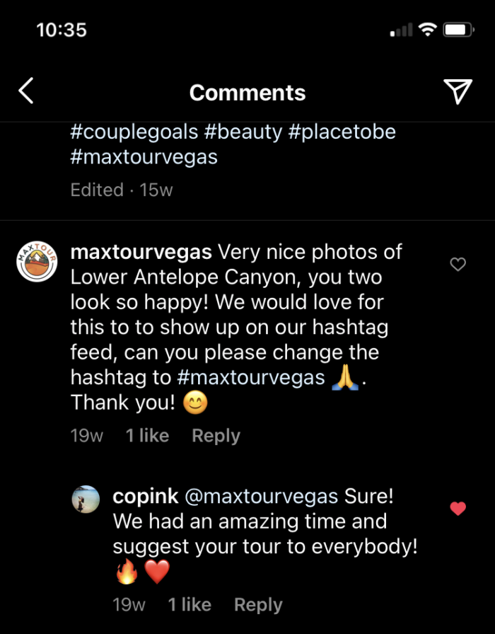 MaxTour asking someone to include their hashtag