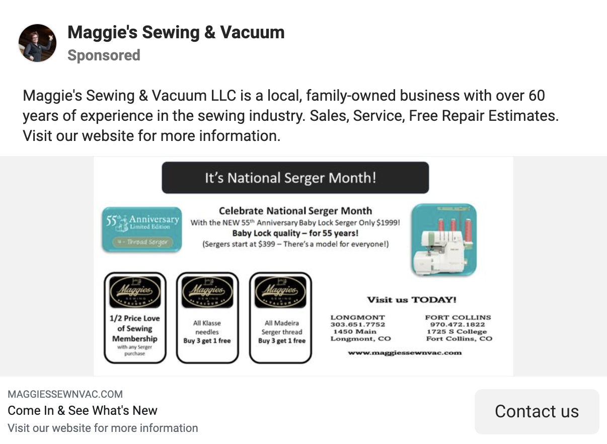 A Facebook ad from Maggie's Sewing & Vacuum