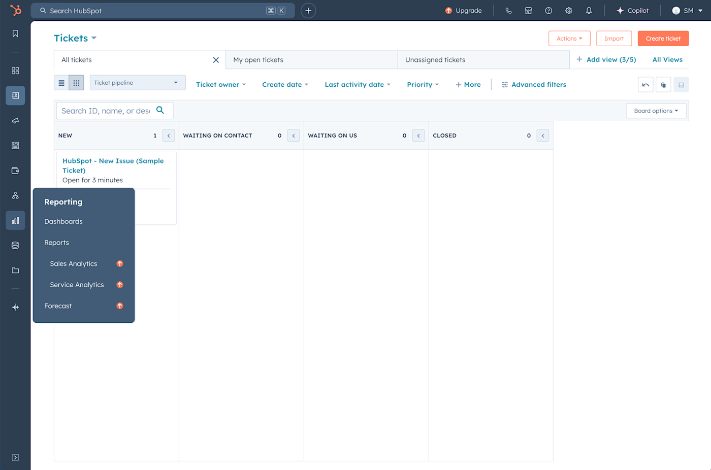 Screenshot of the Tickets tab on HubSpot's dashboard