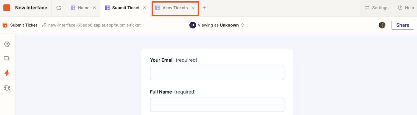 Screenshot of View Tickets tab in interfaces