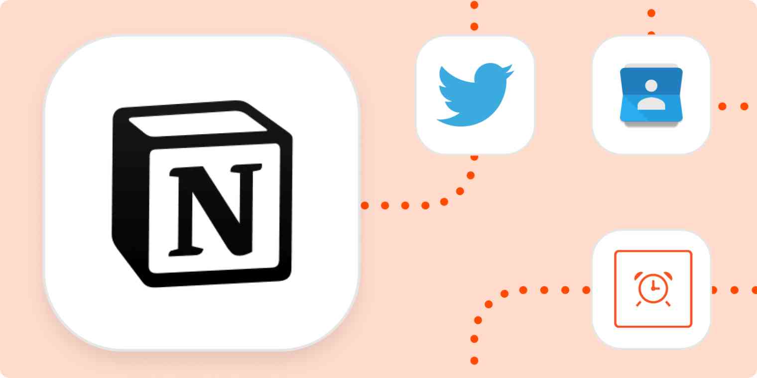 The logo for Notion in a large white square with the logos for Twitter, Google Contacts, and Schedule in smaller white squares. All are connected with dotted orange lines.