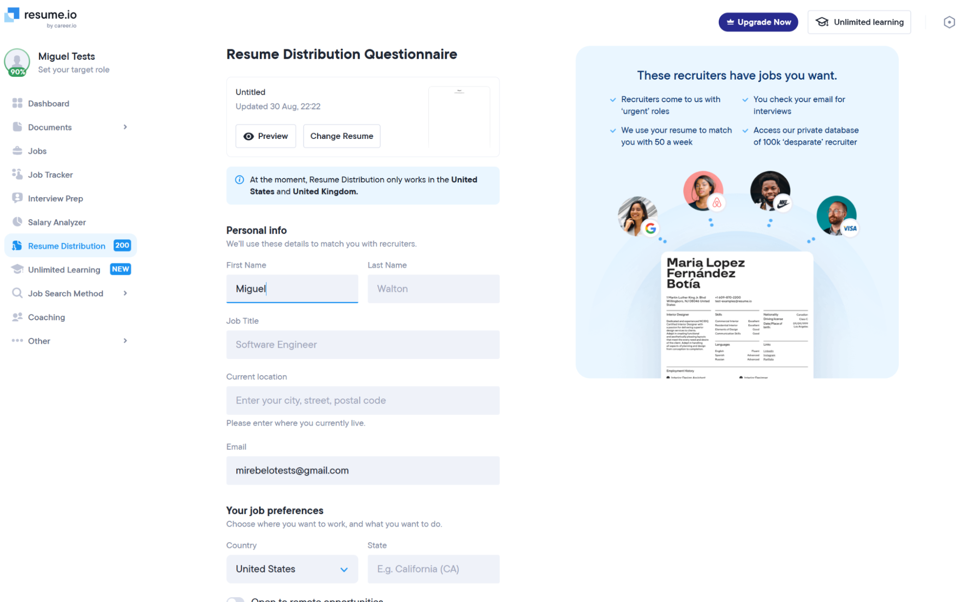 Resume.io, our pick for the best resume builder for job matching and distributing your CV