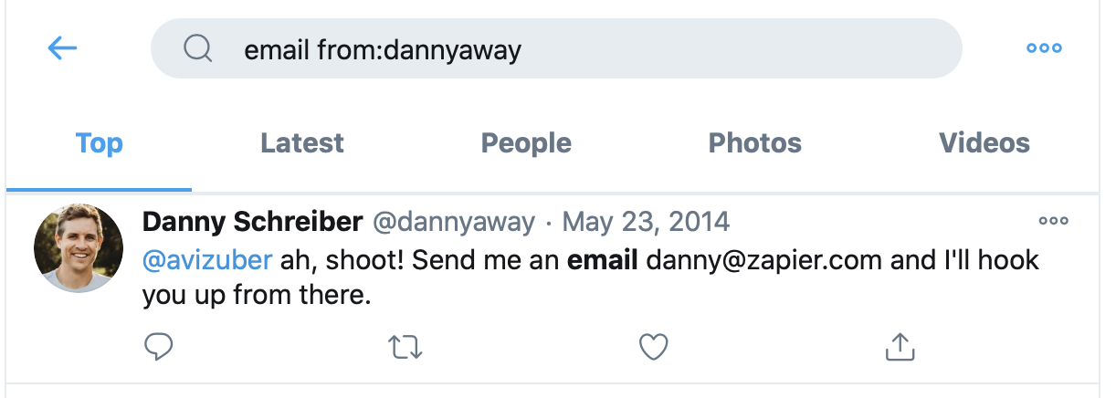 searching for "email from: dannyaway" and seeing the result of Danny's email address on Twitter