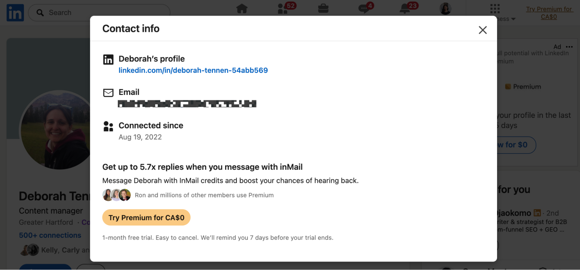 LinkedIn contact info popup with the user's email address obfuscated.
