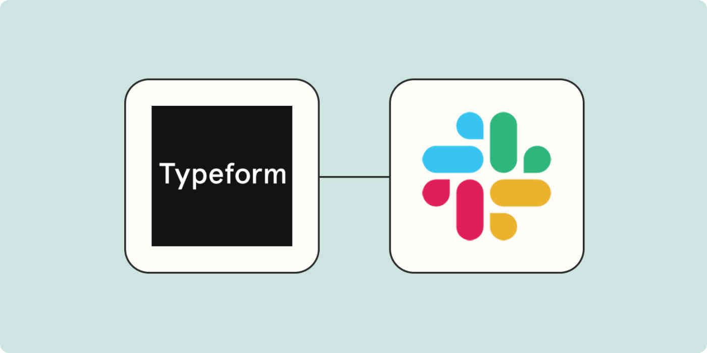 A hero image of the Typeform app logo connected to the Slack app logo with a black line on a light blue background.