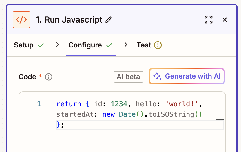 Zapier Run Javascript step showing the code editor with a sample return object and a purple Generate with AI button