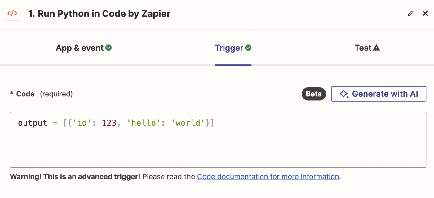 Screenshot of Python code step as a trigger in the Zap editor