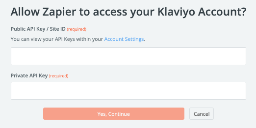 A pop-up screen asking you to give permission for Zapier to access your Klaviyo account, with fields to paste in API keys.