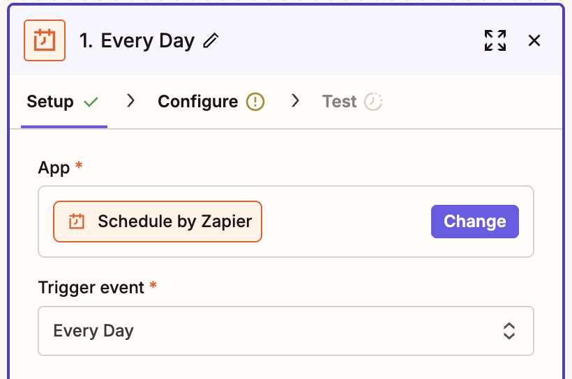 Zapier setup screen showing Schedule by Zapier app with Every Day trigger event selected