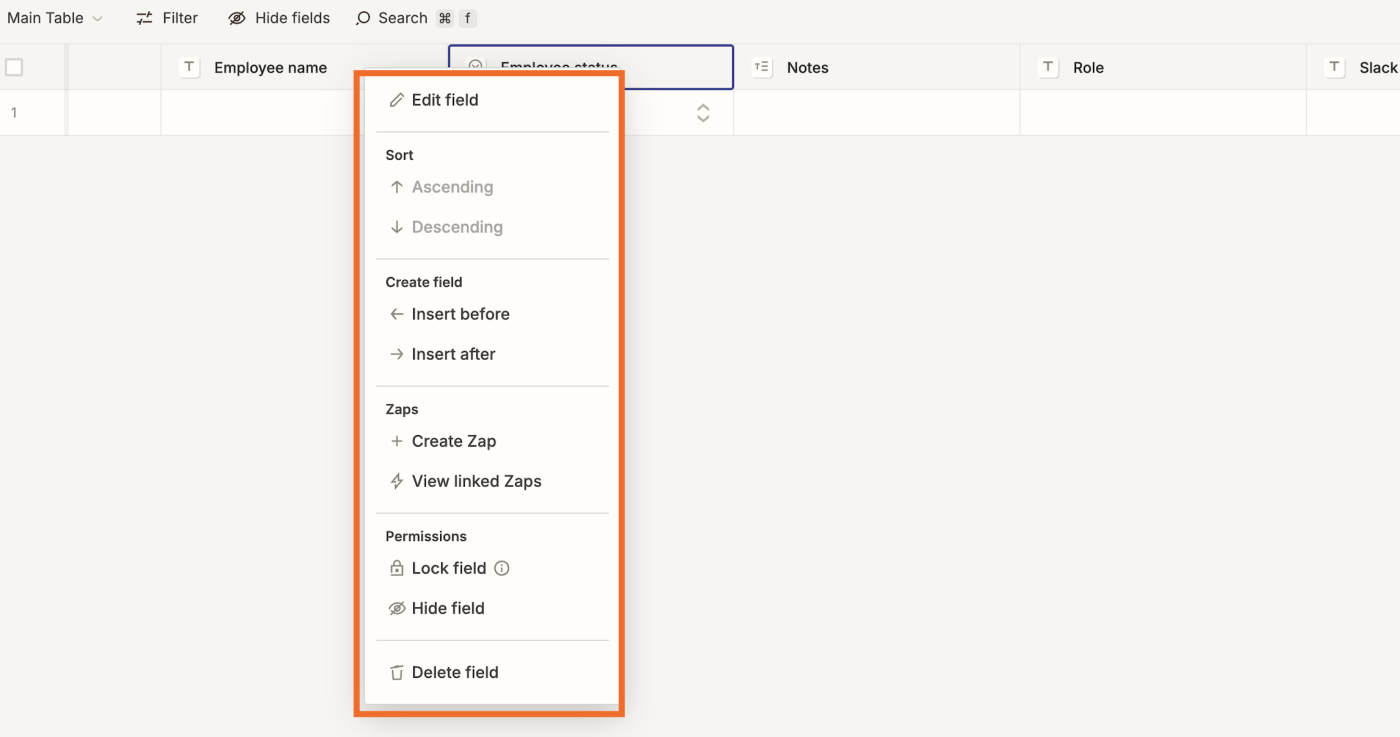 Screenshot of edit field adjustments in tables