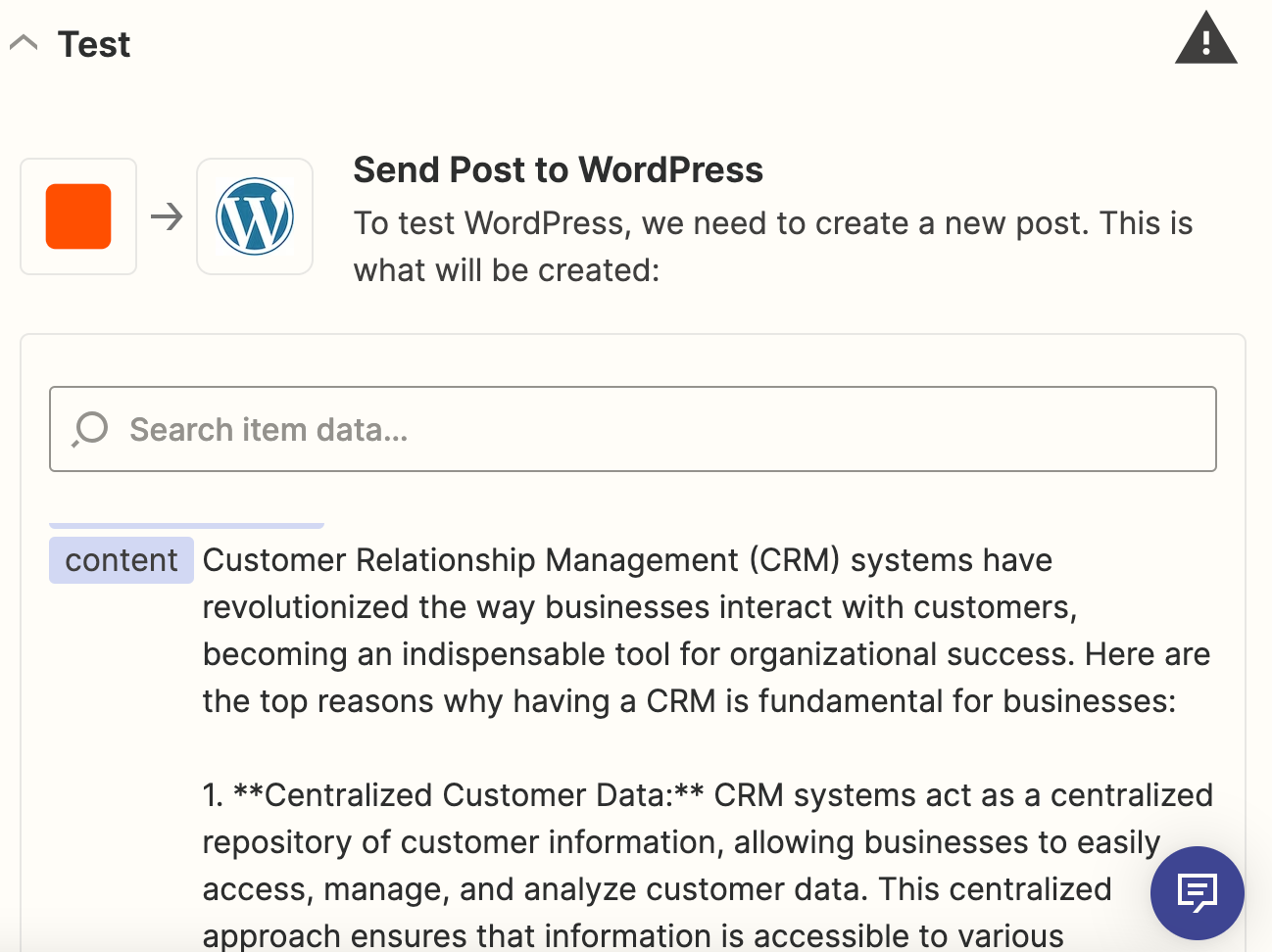 A test step that shows information being sent to WordPress for a WordPress post.
