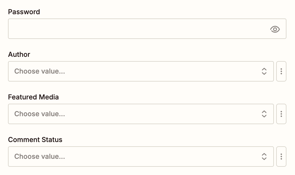 A window with fields for Password, Author, Featured Media, and Comment Status with no values selected.
