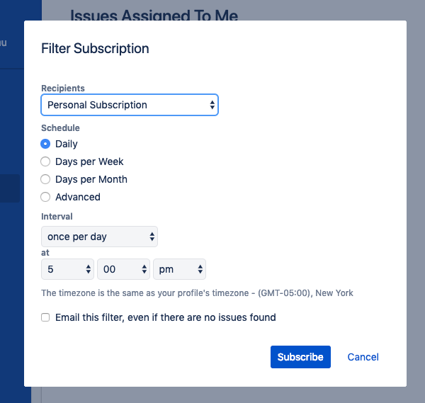 Jira filter subscription form