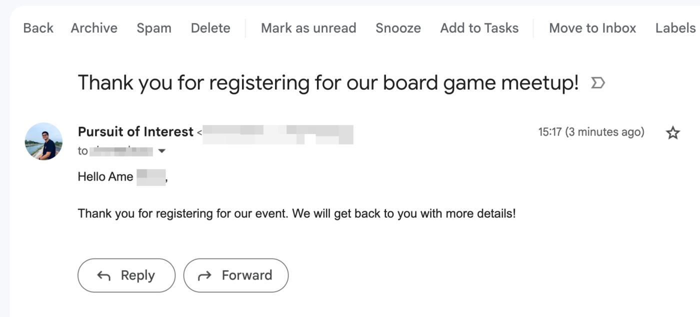 An email in Gmail that says "Thank you for registering for our board game meetup!"