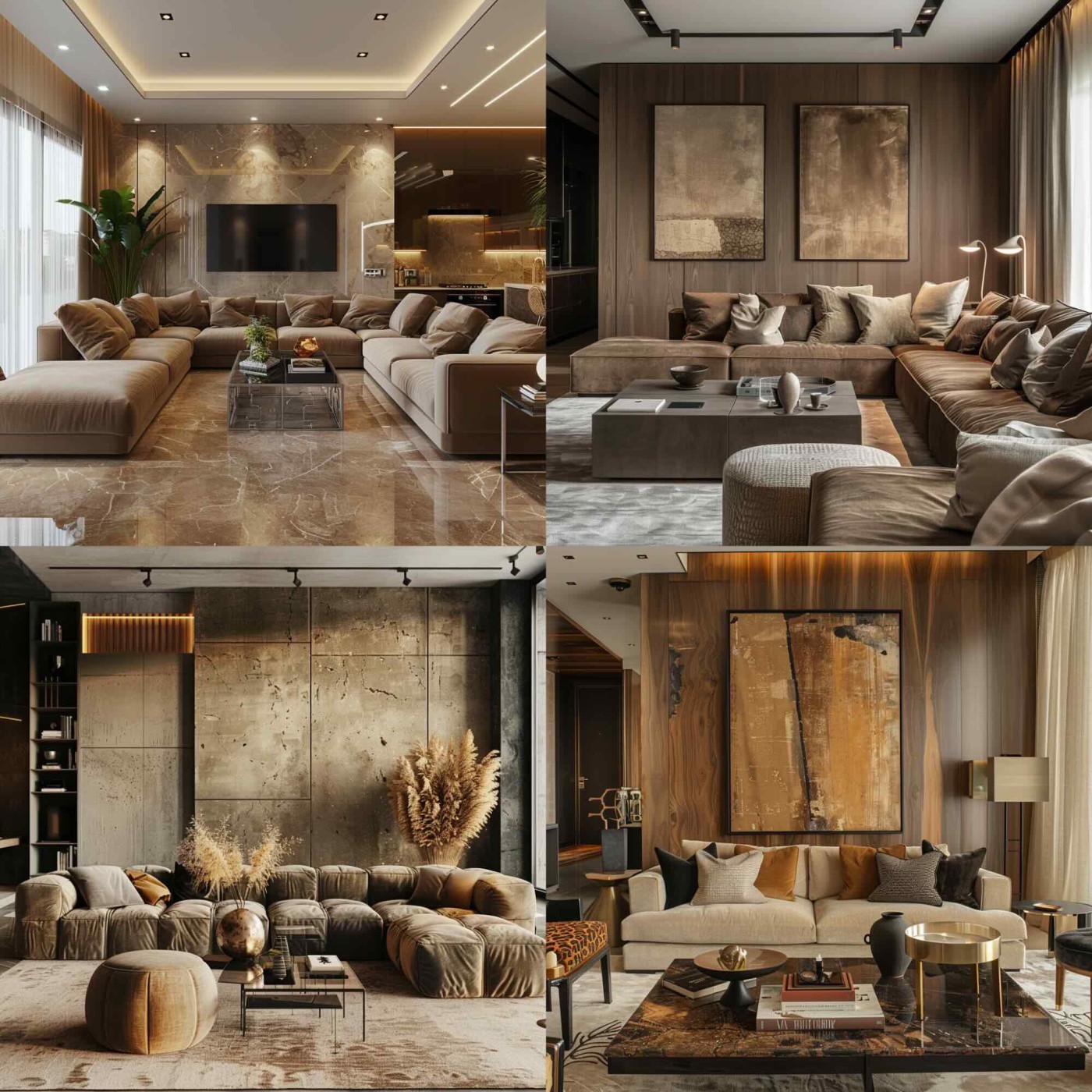 A living room in a luxury apartment, earth tones