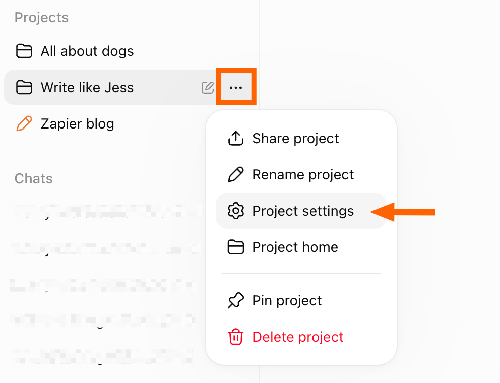 Expanded view of a ChatGPT project menu with an arrow pointing to project settings.