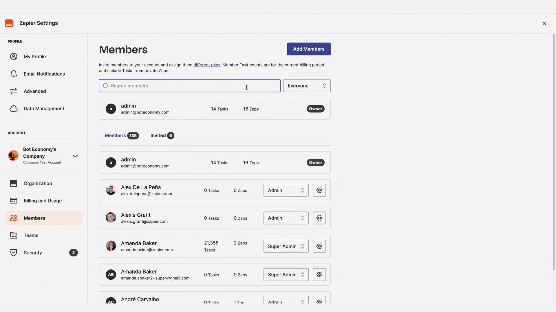 A GIF showing a user searching for a member in a Zapier account and changing their status to Super Admin.