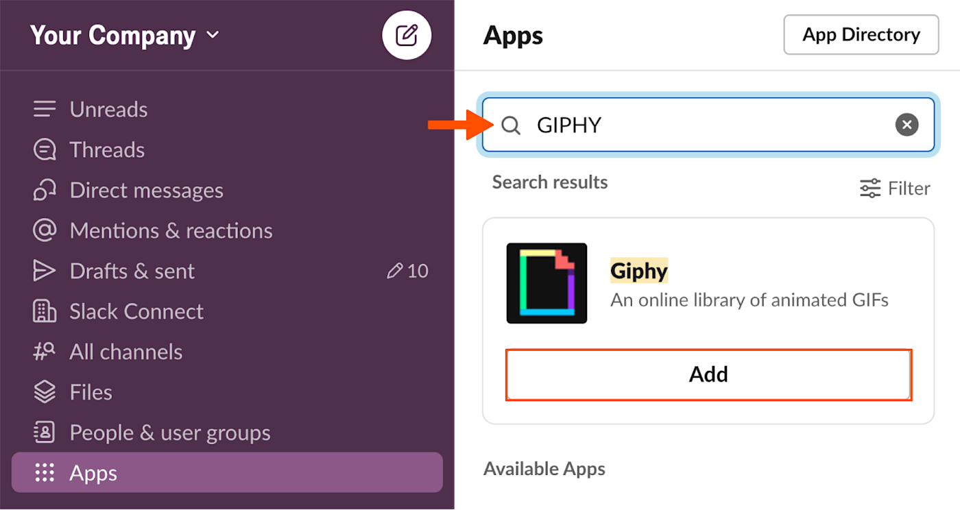 اسکرین شات که محل جستجوی GIPHY را در فهرست برنامه در Slack نشان می دهد.