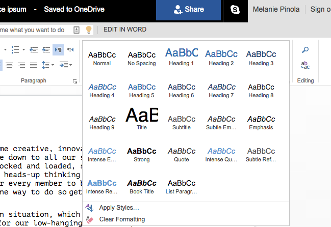 Word Online Styles