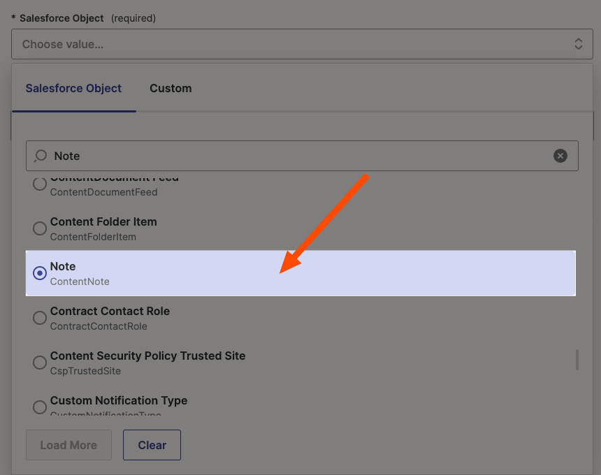 Select the Note Salesforce object from the dropdown menu.