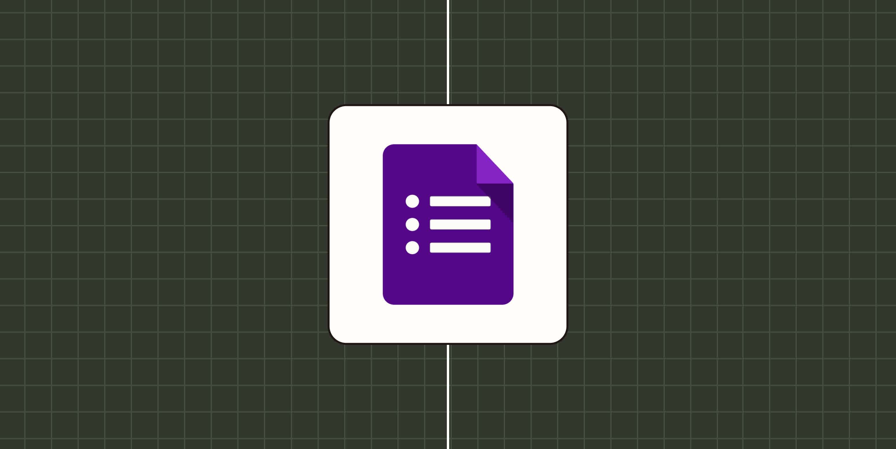 Google Forms icon, which looks like a simplified form, against a purple background.