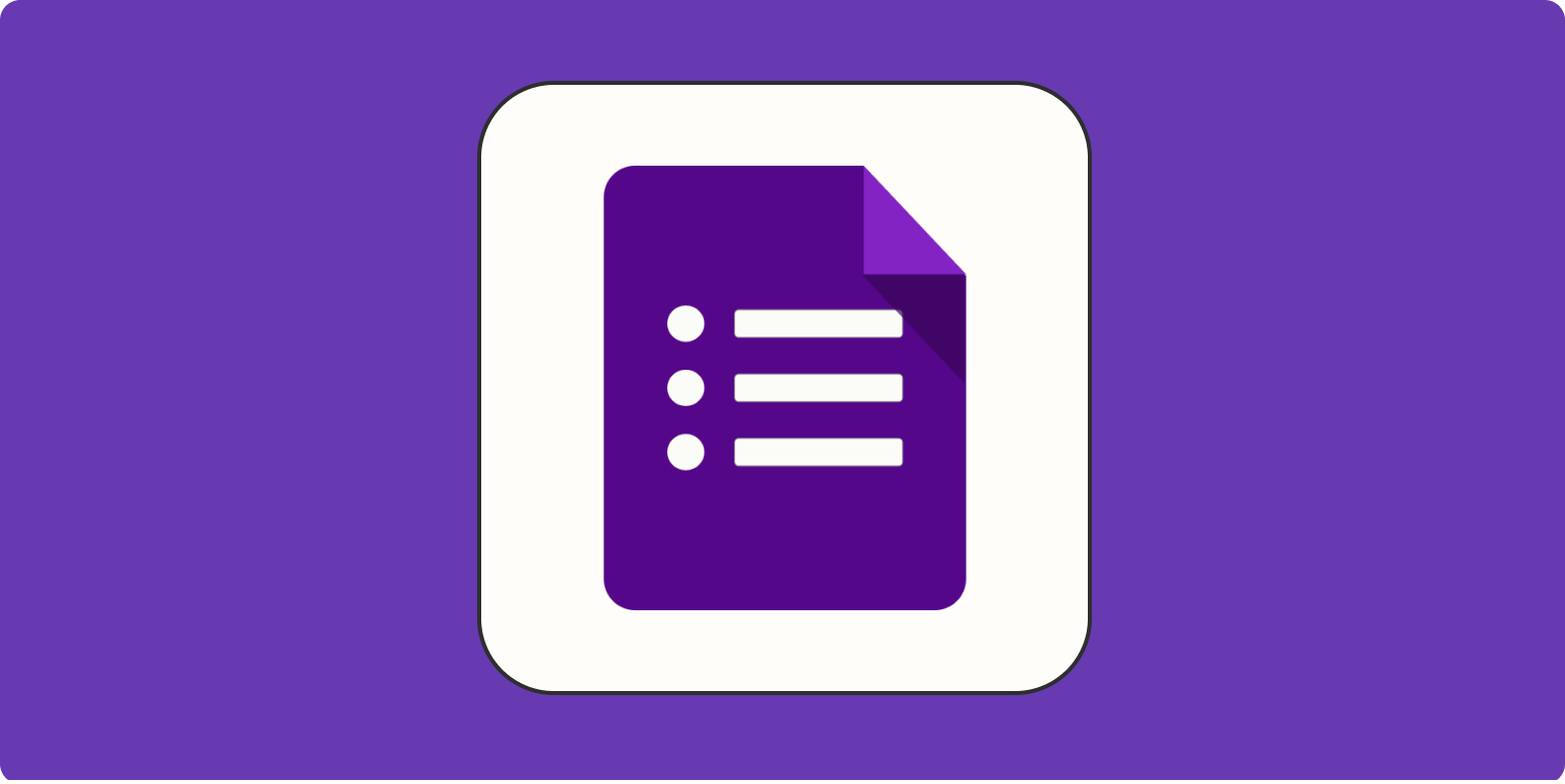 A hero image for Google Forms app tips with the Google Forms logo on a purple background