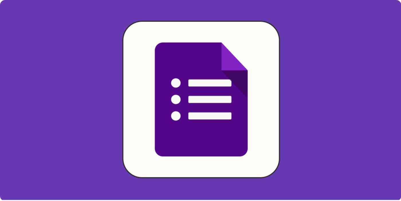 Google Forms icon, which looks like a simplified form, against a purple background.