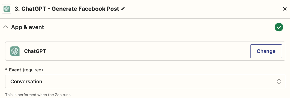 An action step in the Zap editor with ChatGPT selected for the action app and Conversation selected for the action event.