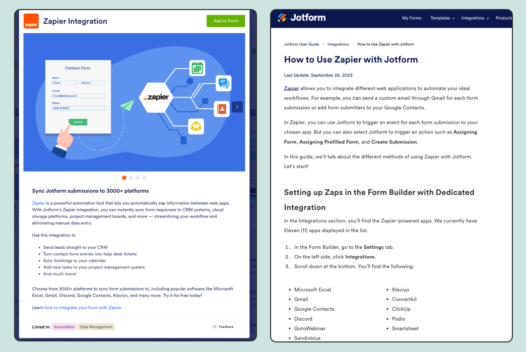 Jotform created help articles for their Zapier integration and highlight them anywhere the integration is mentioned.