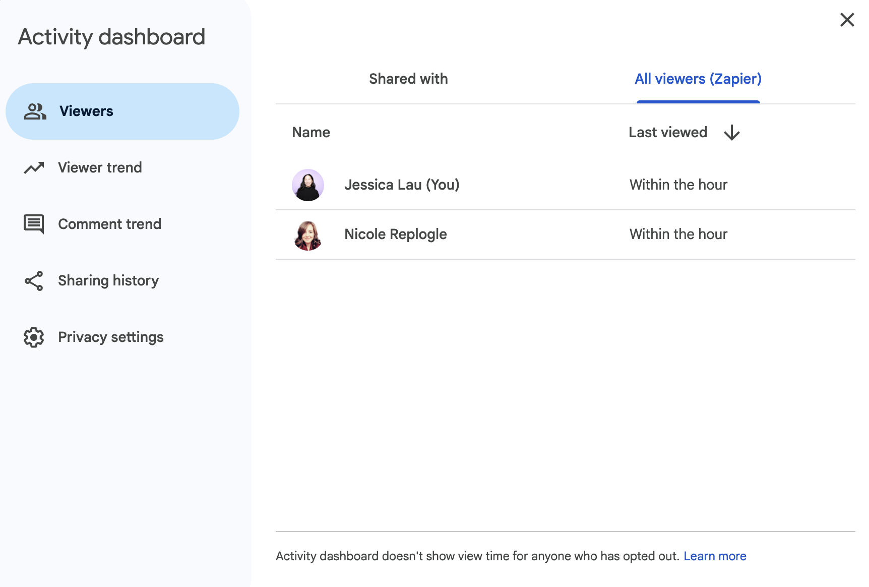 Google Docs activity dashboard displaying a list of everyone who has viewed that doc.