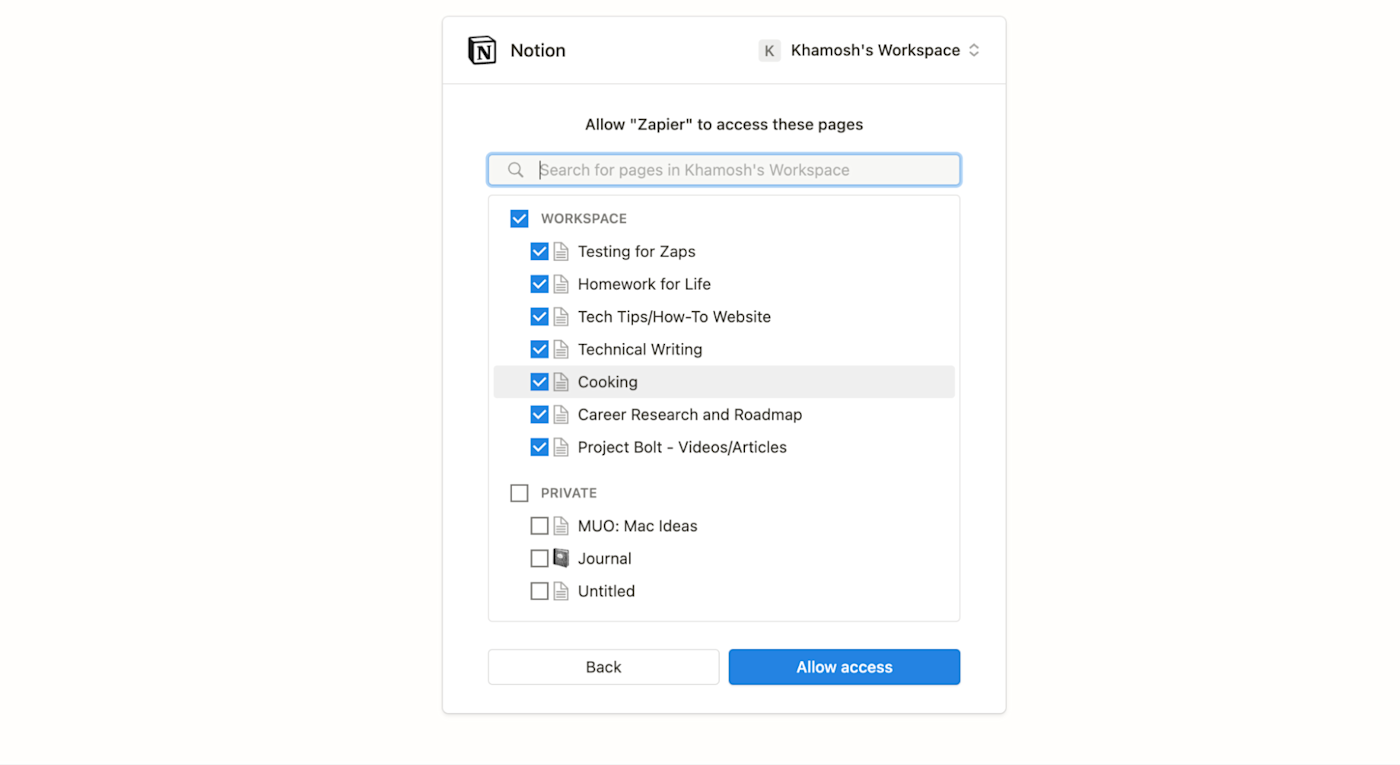 A pop-up page with the header "Allow Zapier to access these pages" is shown with a list of Notion databases with checkmarks next to them.