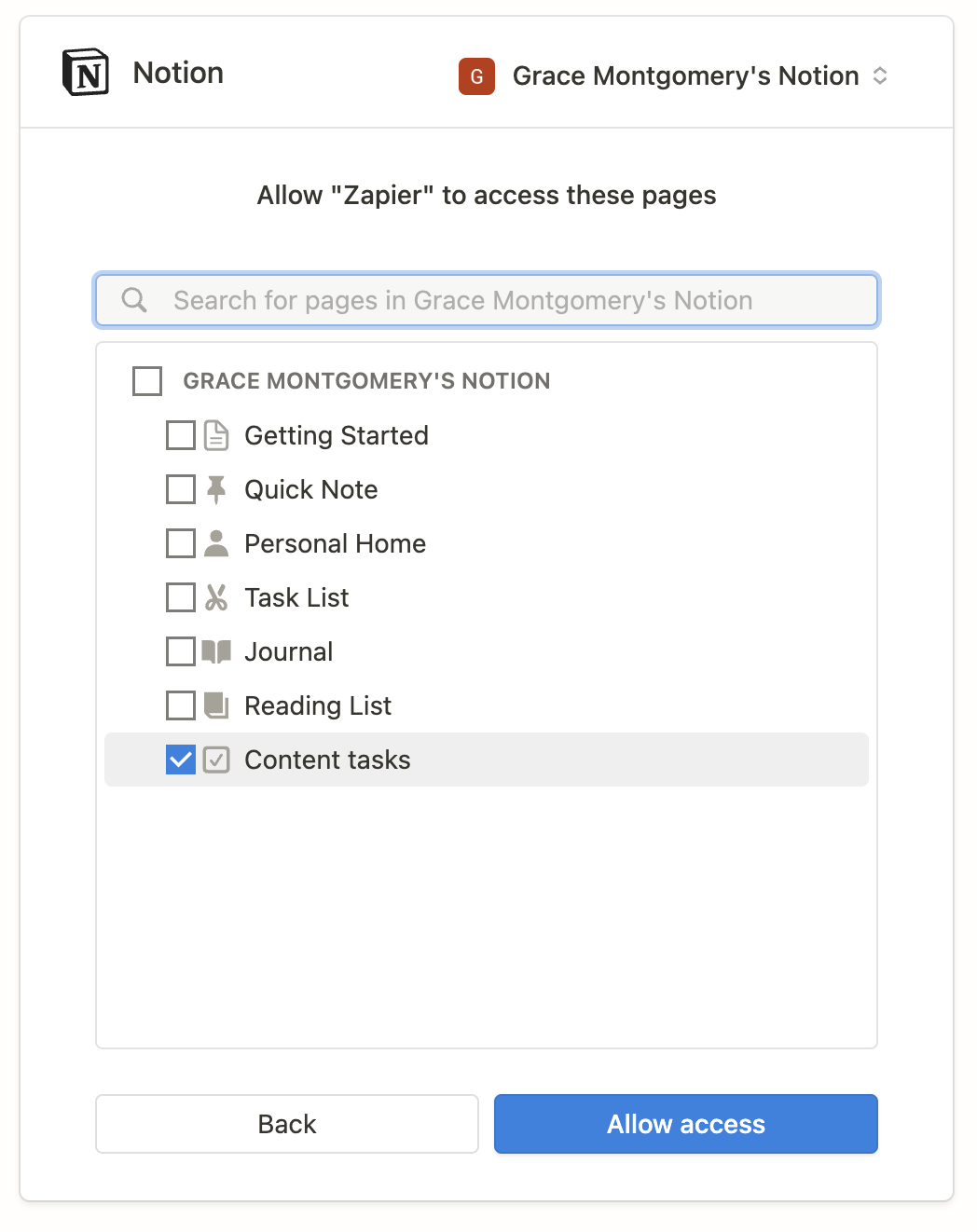 A pop-up page with the header "Allow Zapier to access these pages" is shown with a list of Notion databases with checkmarks next to them.