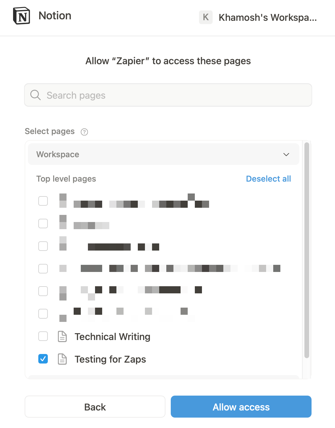 A pop-up page with the header "Allow Zapier to access these pages" is shown with a list of Notion databases with checkmarks next to them.